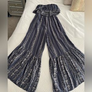 strapless blue bell bottom jumpsuit